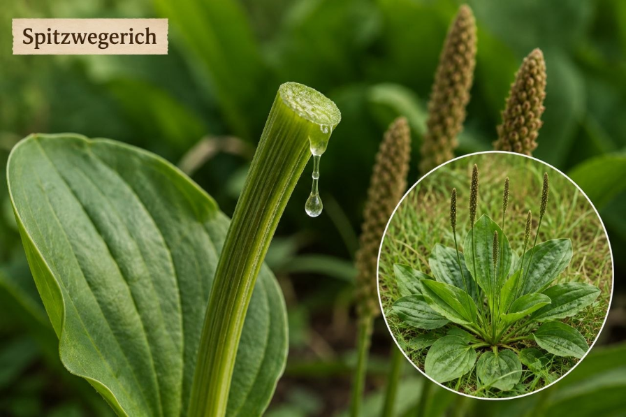 Spitzwegerich mit Blatt und Blütenstand